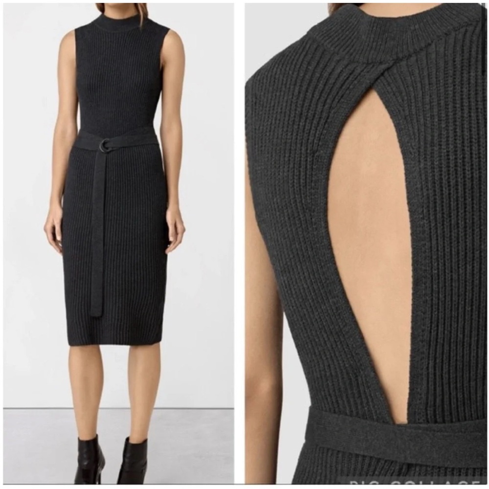 NEW AllSaints East Knit Cotton Ribbed Belted Midi Dress Gray Charcoal Size M